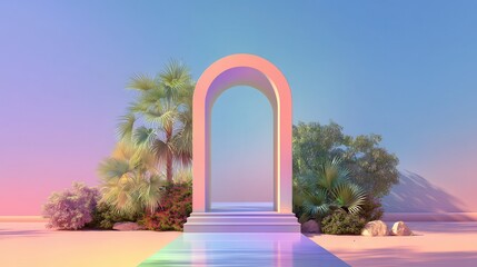 Fototapeta premium Surreal pastel archway with tropical plants and pathway