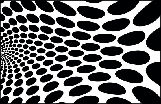 A hypnotic black and white vector illustration creating a dynamic optical illusion. The design features a grid of black ellipses that progressively shrink and converge towards a central vanishing.
