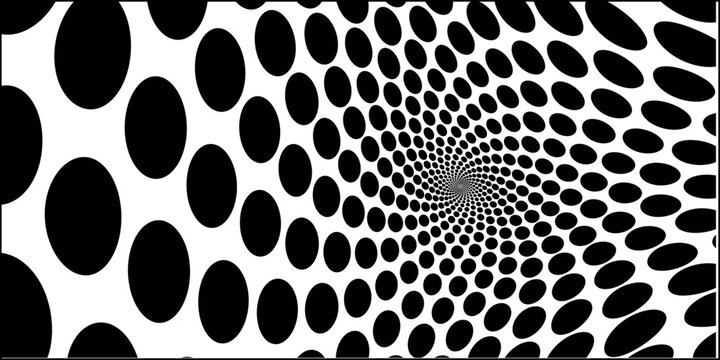 A mesmerizing black and white vector illustration that creates an intriguing optical illusion. The design features a multitude of black ellipses arranged in a swirling converging pattern that appears.