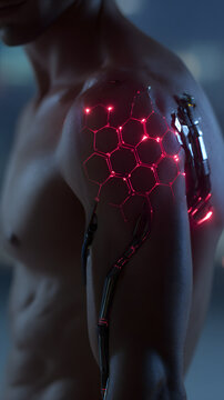 Futuristic medical wearable implant under skin glowing red shoulder arm cybernetic patch hexagon pattern bioluminescent nodes