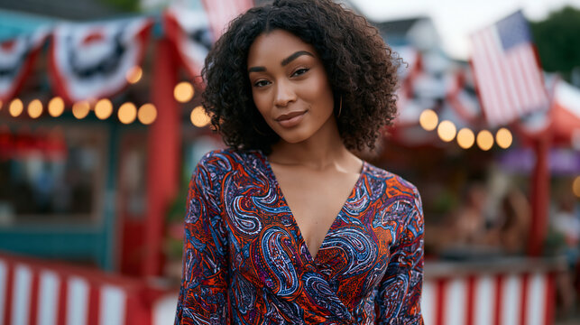 A tall model in a boldly patterned wrap dress standing at a summer fair with Independence Day bunting in the background at golden hour, celebration and style intersecting, ideal for inclusive fashio