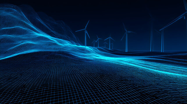 Grid wave flow electricity landscape wind turbine energy network blue mesh with dynamic motion and subtle glow conveying innovation and power