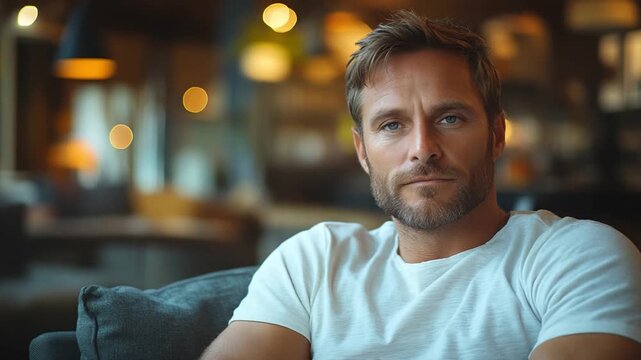 Man Relaxing Indoors: A handsome, rugged man with a thoughtful expression is captured in a close-up portrait, seated comfortably indoors with a blurred background suggesting a cozy ambiance.