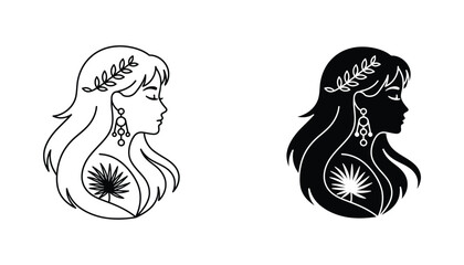 Elegant woman profile portrait with floral hair accessory and tropical leaf motif in sophisticated black and white line art and solid silhouette vector style for beauty and spa branding © Anna