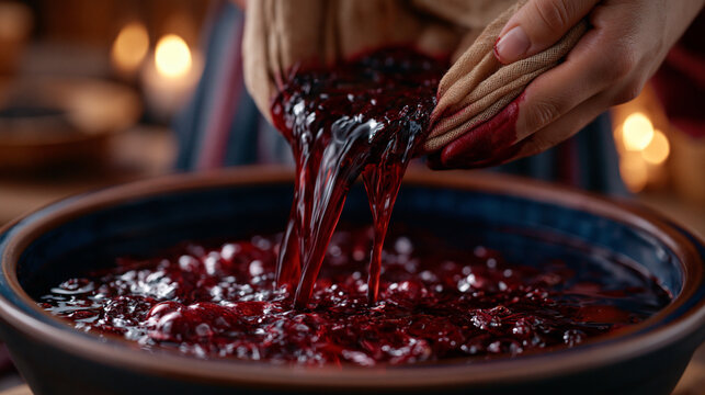 Madder root extract being strained through muslin into a ceramic vat, rust red liquid catching warm kitchen light, hands stained with natural pigment, ideal for botanical dyeing, natural textile col