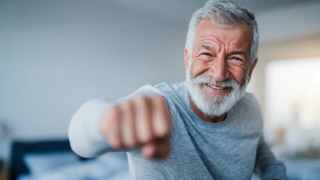 Energetic Senior: A vibrant, bearded senior man with a playful grin throws a punch forward, radiating confidence and a youthful spirit despite his age.