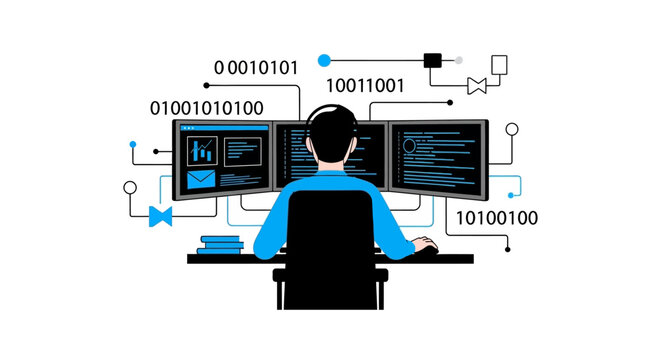 Programmer Working on Multi-Monitor Workstation for Software Development and Cybersecurity, Flat Vector Illustration of IT Professional Coding and Data Analysis