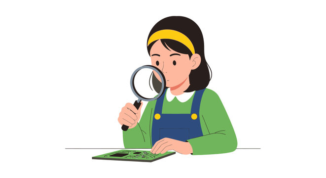 Curious Girl Student Inspecting Circuit Board with Magnifying Glass, STEM Education Illustration