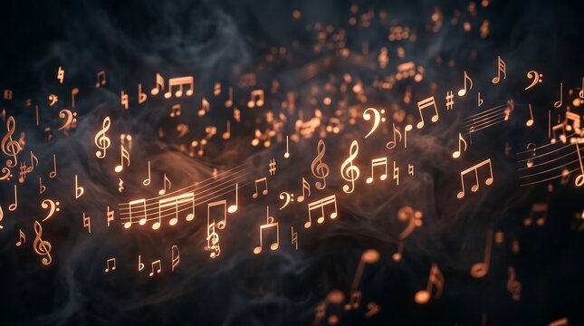Musical notes swirl in a dark atmosphere with smoke