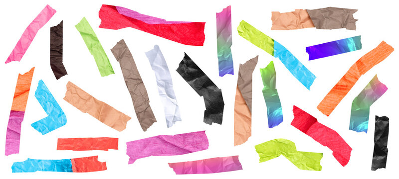 Colorful torn paper tape strips isolated as transparent PNG elements with crumpled textures for scrapbook overlay compositions