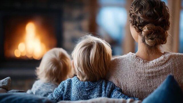 Cozy Winter Evening: A mother and her two children share a warm and intimate moment, gazing into the flickering flames of a cozy fireplace, creating a scene of familial love and comfort.