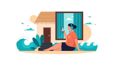 Obraz premium Woman Relaxing on Beach Listening to Music on Phone Near Tropical Hut
