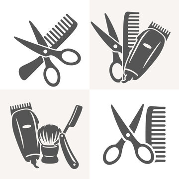 Hair salon or barbershop logo. Vector icon set.  Clean symbols of scissors, comb, and straight razor. Modern hair salon professional style for branding, signage, and print.