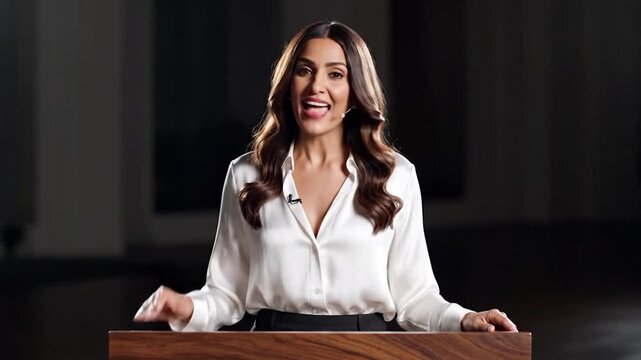 Businesswoman presenting confidently at a podium in a professional setting with a blurred background