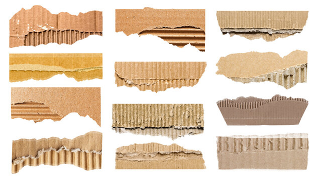 Torn corrugated cardboard paper strips isolated as transparent PNG elements with rough ripped carton textures for collage overlays