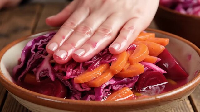 Hand pressing colorful vegetables including red cabbage, carrots, and beets in a wooden bowl on a rustic wooden table, showcasing the preparation of a vibrant salad