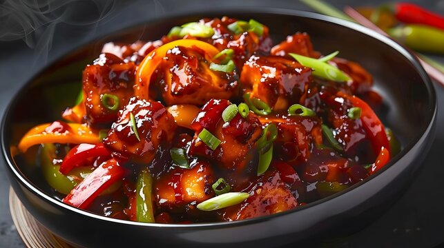 Delicious Chili Paneer with Stir-Fried Bell Peppers and Green Onions in a Spicy Savory Glaze Sauce Served in a Black Bowl, Traditional Indo-Chinese Cuisine Dish for Restaurant Menu Photography