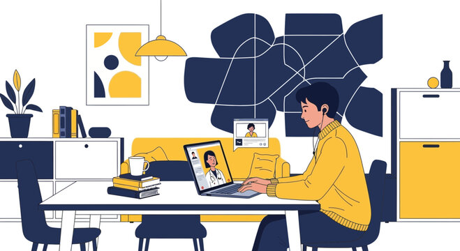 Young man on a video call with a doctor, online consultation, remote healthcare, home office