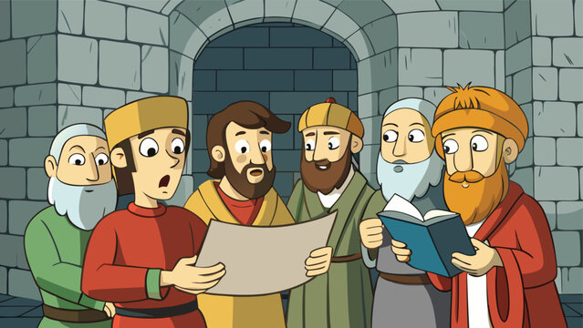 Ancient biblical scene illustration, group of wise men reading scripture in stone archway.