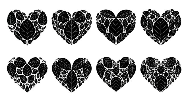 Black and white heart shapes with floral patterns.