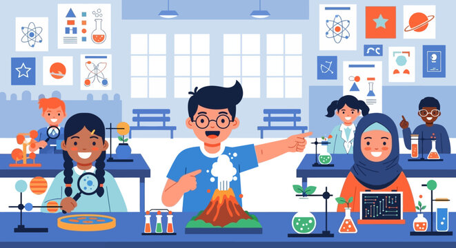 Diverse group of children enthusiastically conducting science experiments in a classroom.
