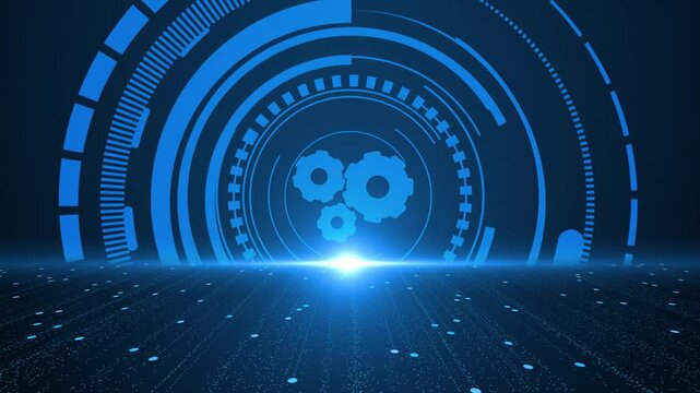 Blue futuristic digital tunnel glows circular interface rings, data style floor lines, deep sci fi perspective. technology intros, cyber software promos, gaming visuals, AI content, virtual.