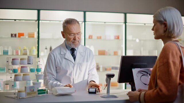 Senior pharmacist selling medicine to woman at cashier closeup. Lady paying card