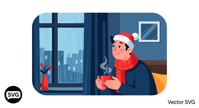 Man in winter hat and scarf holding a steaming cup.