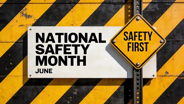This professional photograph captures a clear industrial sign promoting national safety month during the month of june with bold text displayed on a bright construction barrier