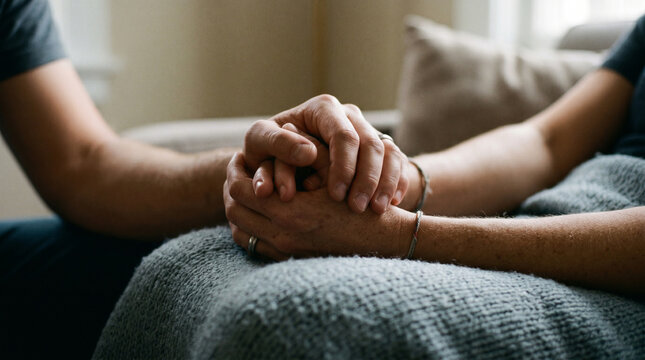 Close-up of a couple holding hands for emotional support - minimalist concept of compassion, empathy and trust providing comfort and solace at home