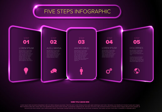 Abstract Purple Five Steps Infographic Template with Glowing Neon Borders