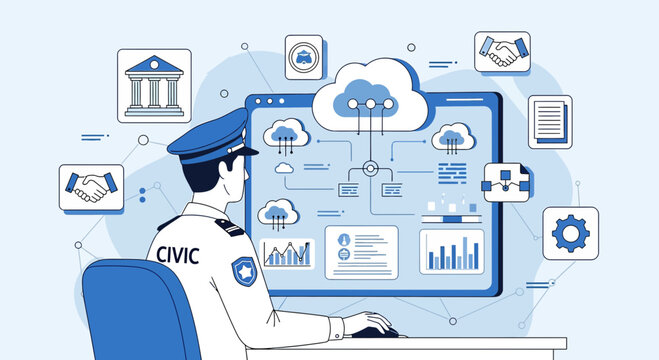 Civic technology concept: public servant using computer for digital governance and cloud services