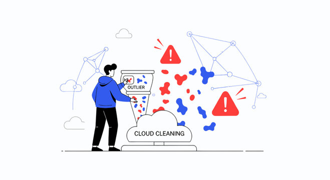 Cloud cleaning data concept - outlier removing, man cleaning digital data