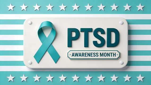 A teal ribbon representing ptsd awareness month is displayed on a clean white sign to support mental health advocacy in this professionally composed studio photograph image.
