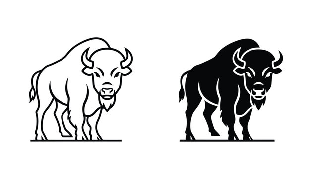 Majestic bison head logo icon set in outline and solid black silhouette styles for outdoor apparel and wildlife branding