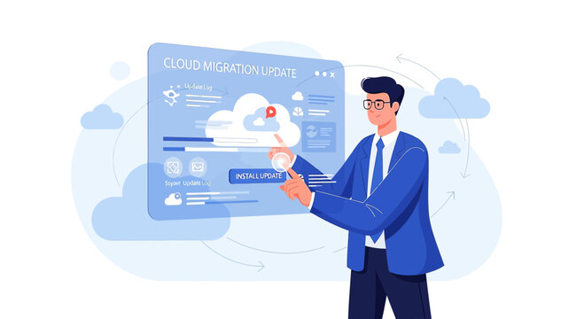 Businessman updating cloud migration system on digital screen with data analytics