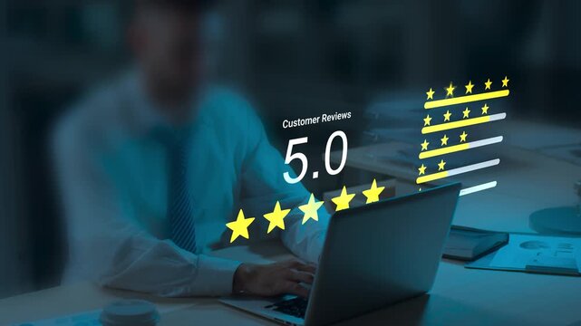 Businessman Managing Online Customer Reviews and Feedback Ratings on Laptop at Night, Digital Reputation Management, Customer Satisfaction Survey, Five Star Review Concept, CRM Technology and User Exp