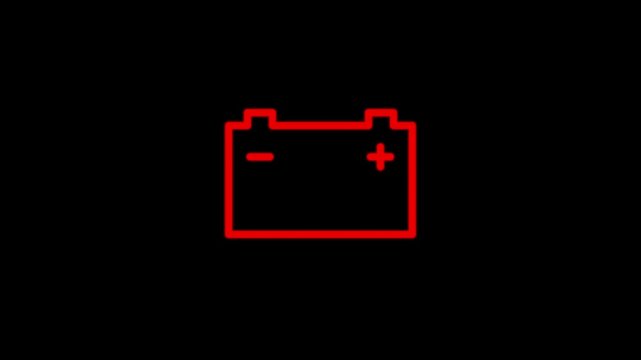 Animation of a flashing red low battery indicator on a black background. Plus and minus signs on a car battery.