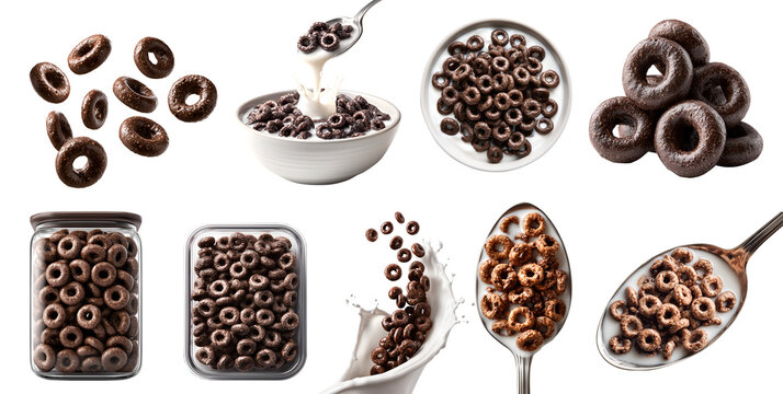 Set of whole grain chocolate cocoa oats cereal loops rings breakfast snack, bowl spoon with milk, yogurt milk splash, airtight container, fly stack pile cluster, transparent cutout PNG mockup
