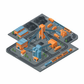 Industrial mining complex with trains and coal piles isometric view.