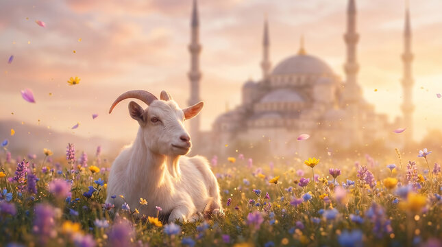 Peaceful White Goat in Blooming Flower Field During Eid Ul Adha with Grand Mosque Background at Sunrise