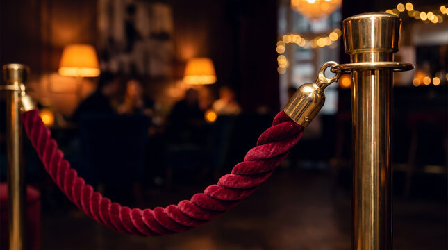 Elegant Red Velvet Rope and Brass Stanchion in a Moody VIP Lounge Entrance