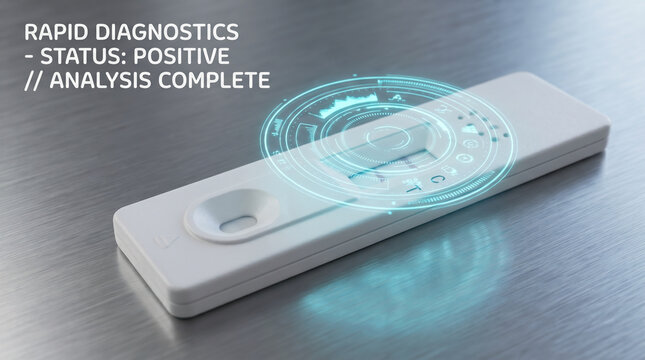 Futuristic Rapid Diagnostic Test Kit with Digital Interface Showing Positive Result on Metallic Surface