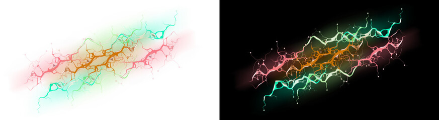 PNG image of Electric lightning bolt strike with glowing neon sparks, vibrant energy discharge effect, colorful plasma thunderbolt illustration for gaming and sci-fi isolated on Transparent © NURUN