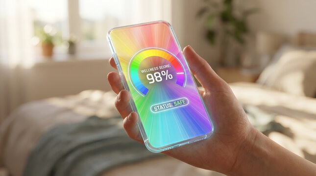 Person holding smartphone with digital wellness score tracking app in a bright bedroom