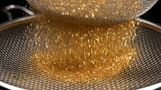 Closeup of golden beads falling through a sieve macro shot.