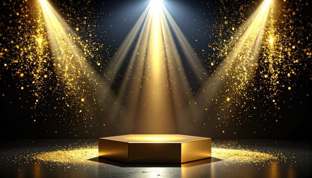 Golden stage illuminated by spotlights with sparkling particles background