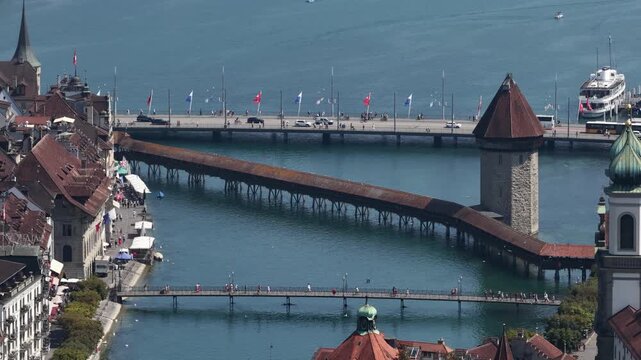 Scenic aerial view of chapel bridge in lucerne switzerland