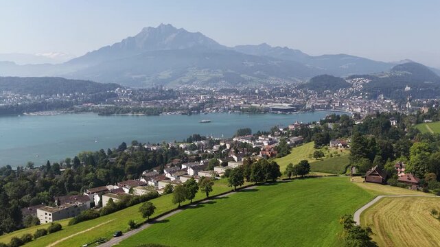 Aerial view of lucerne cityscape with lake lucerne and mount pilatus