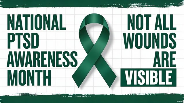 Green awareness ribbon displayed in this informative graphic photograph supporting national ptsd awareness month to remind the public that not all human wounds are actually visible